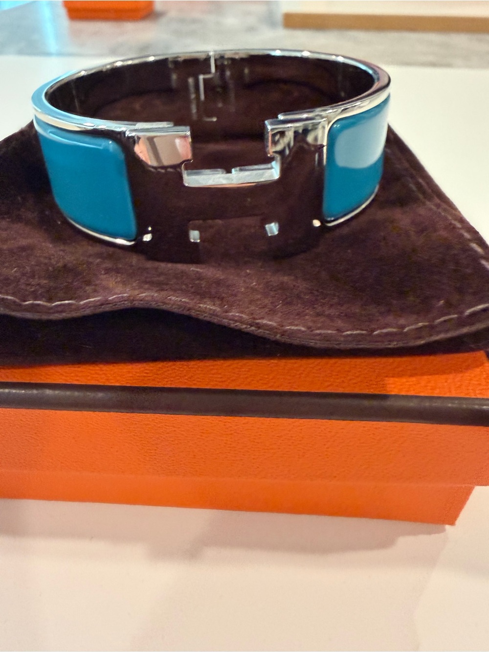 Hermes turquoise enamel Clic H bracelet with silver hardware